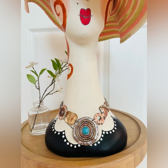 NECKLACE ~ Artistic Abstract Gold/Silver tones w/faux Turquoise Accent - Picture 3 of 7